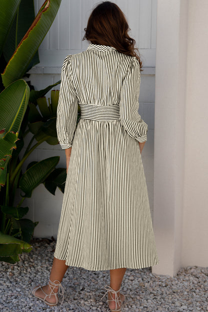 Green Stripe V Neck Zip Front Cinched High Waist Midi Dress