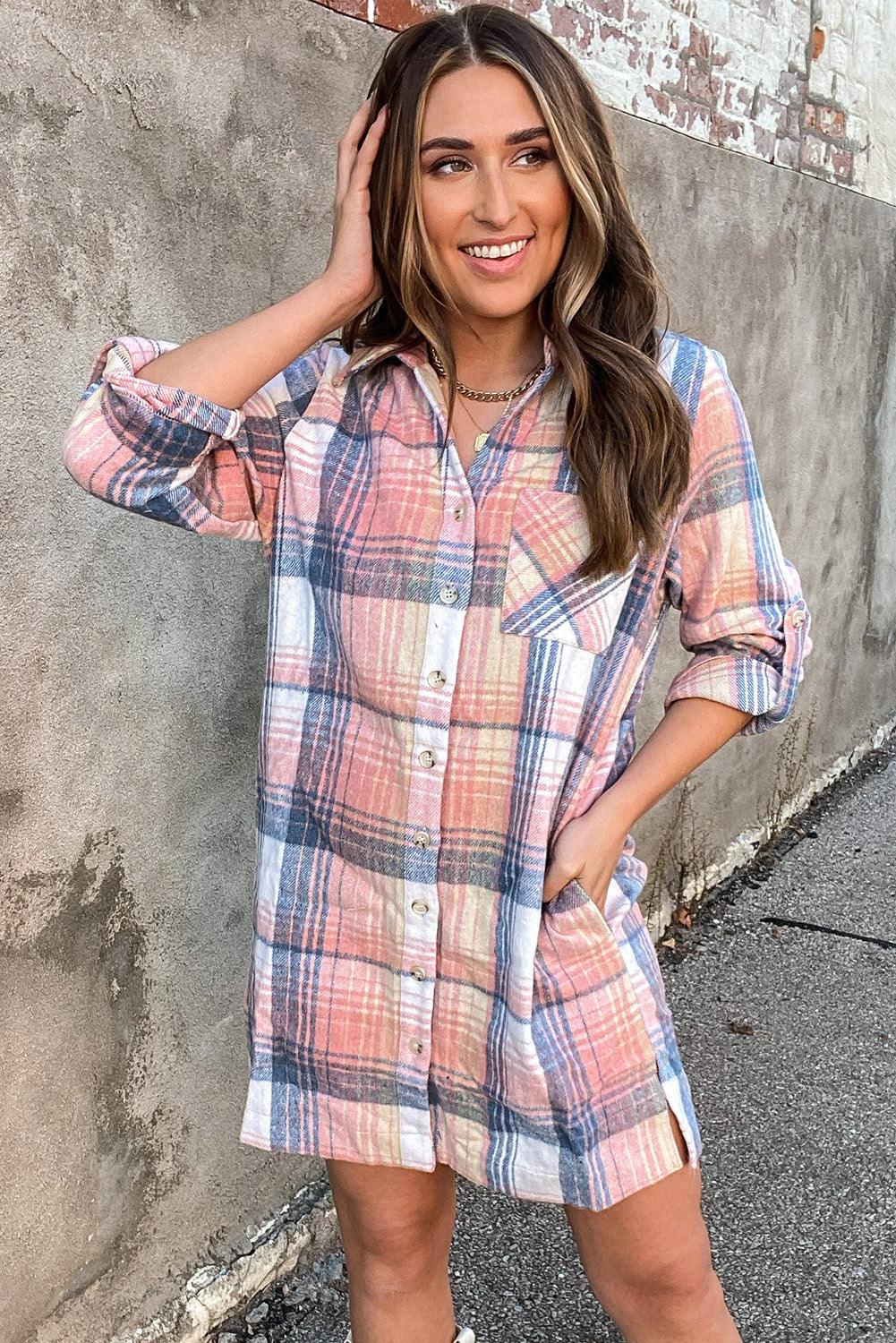 Plaid Roll-tab Sleeve Side Slit Shirt Dress - L & M Kee, LLC