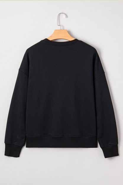 Black Chenille Game Day Graphic Drop Shoulder Sweatshirt