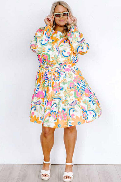 Orange Paisley Floral Print Belted Plus Size Dress - L & M Kee, LLC