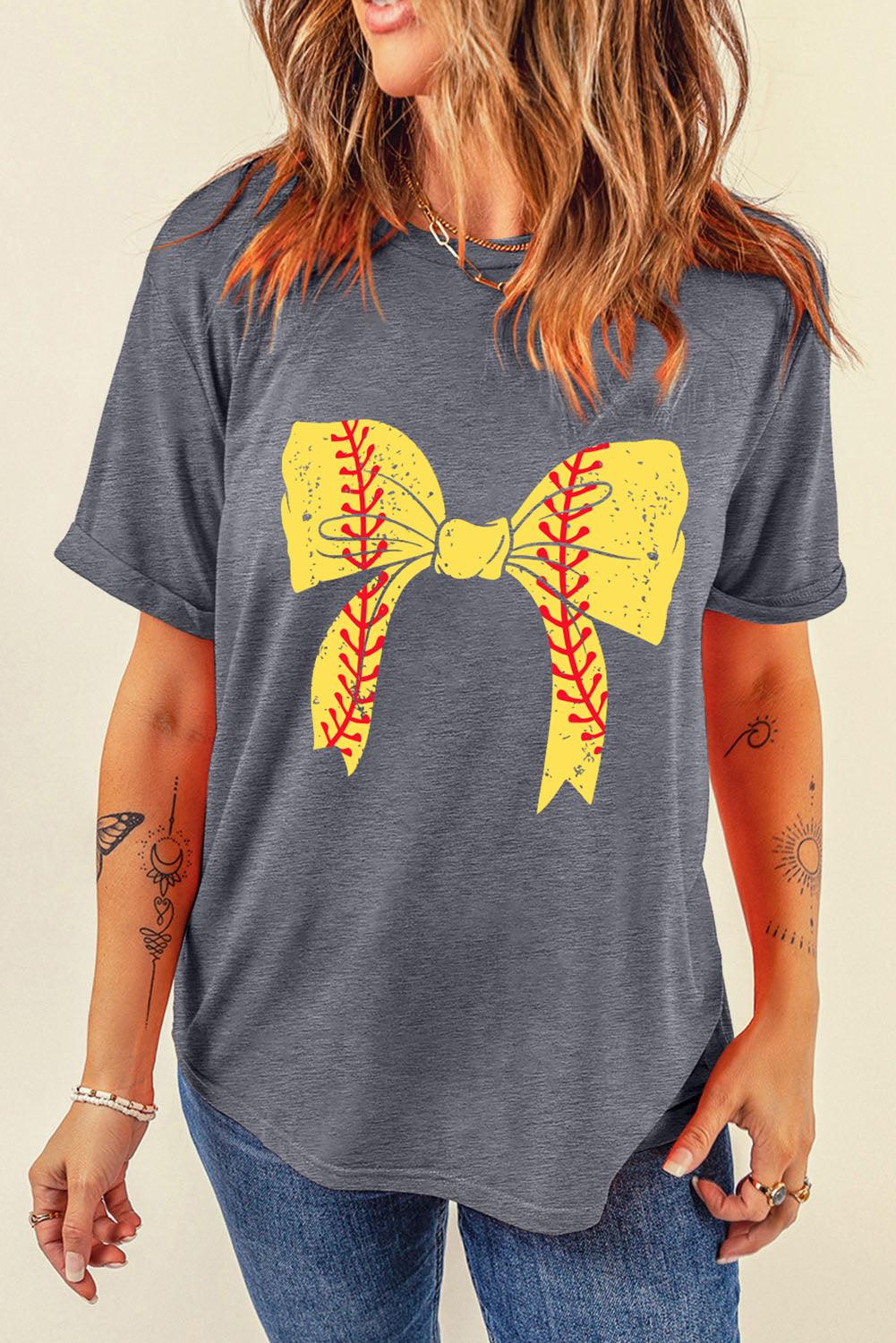 Gray Baseball Bowknot Graphic Casual Tee - L & M Kee, LLC