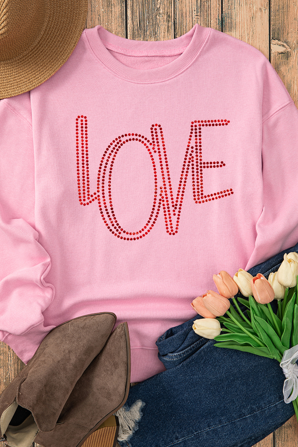 Pink LOVE Graphic Drop Shoulder Valentines Pullover Sweatshirt