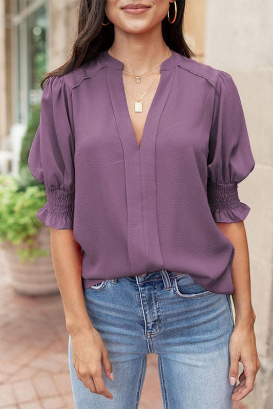 Purple Solid Color Half Sleeve V Neck Blouse - L & M Kee, LLC