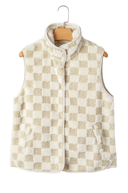 Khaki Sherpa Checkerboard Snap Button Vest Jacket With Pocket