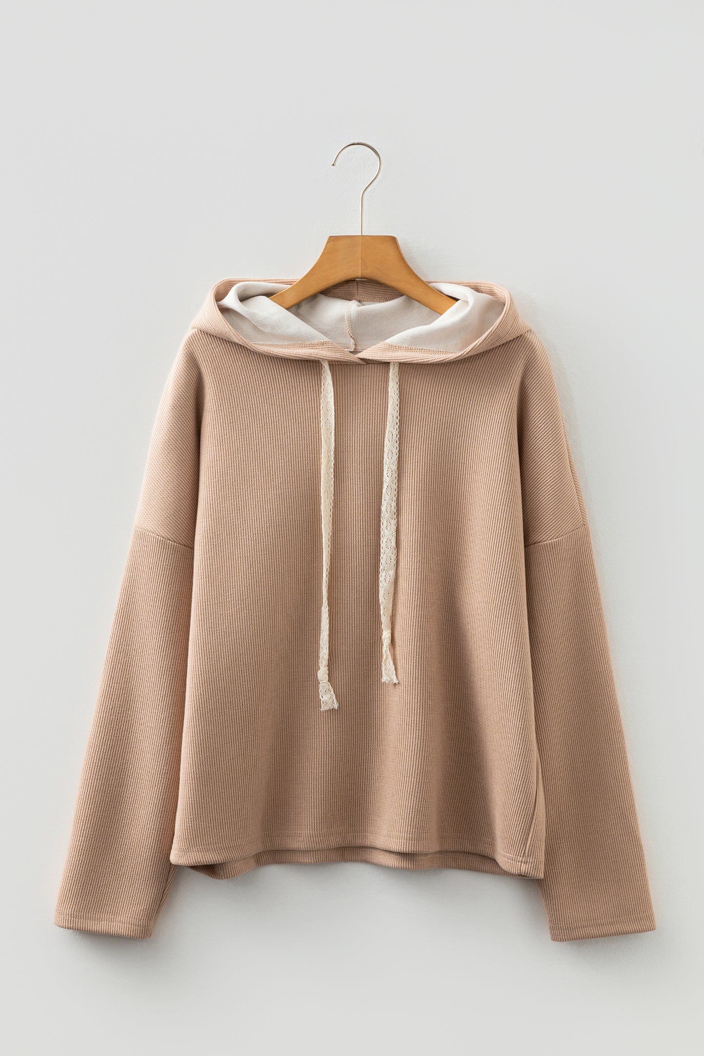 Rose Tan Thermal Textured Lace Drawstring Baggy Hoodie