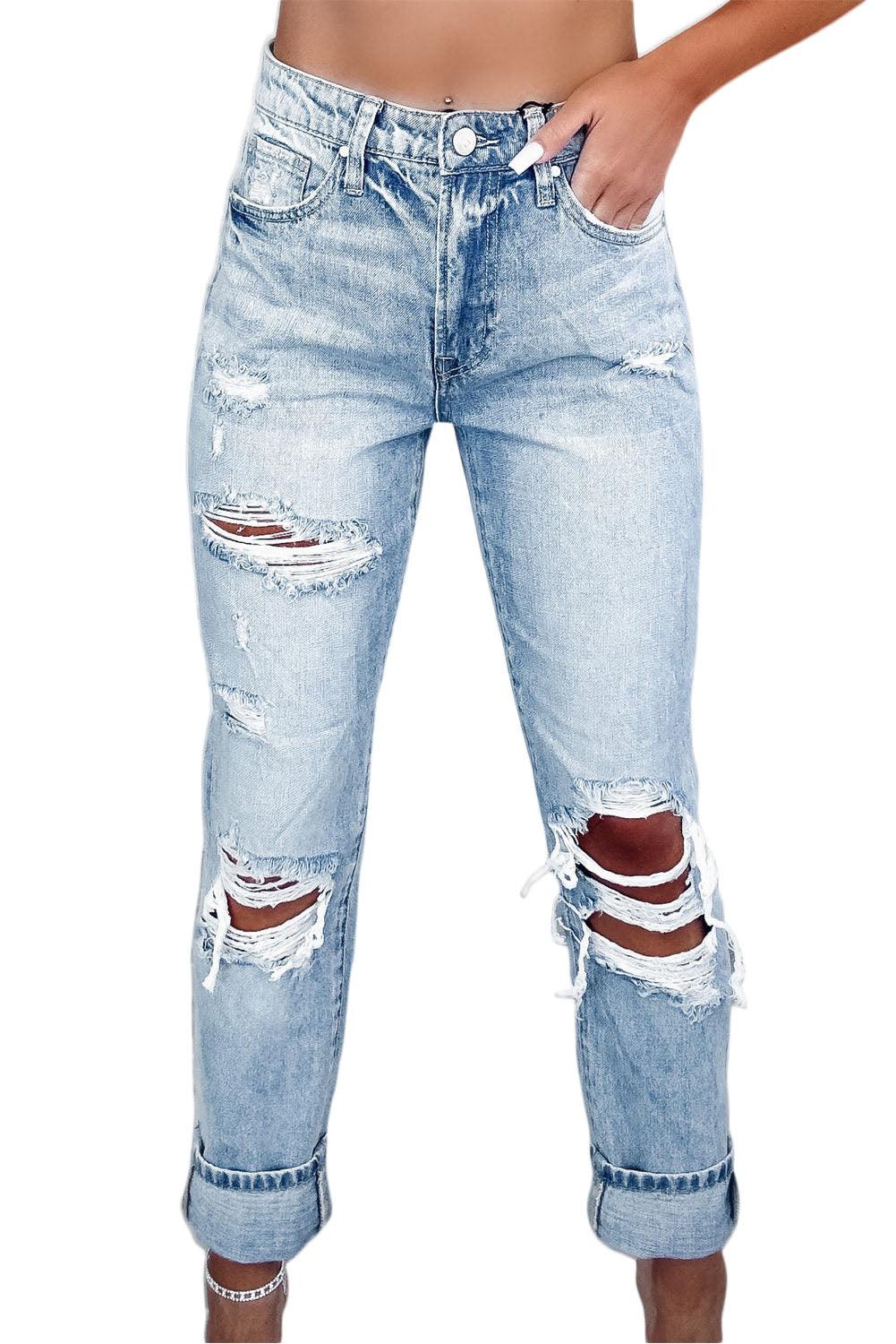 Sky Blue Light Wash Frayed Slim Fit High Waist Jeans - L & M Kee, LLC