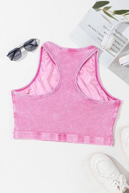 Pink Ribbed Mineral Wash Racerback Cropped Tank Top - L & M Kee, LLC