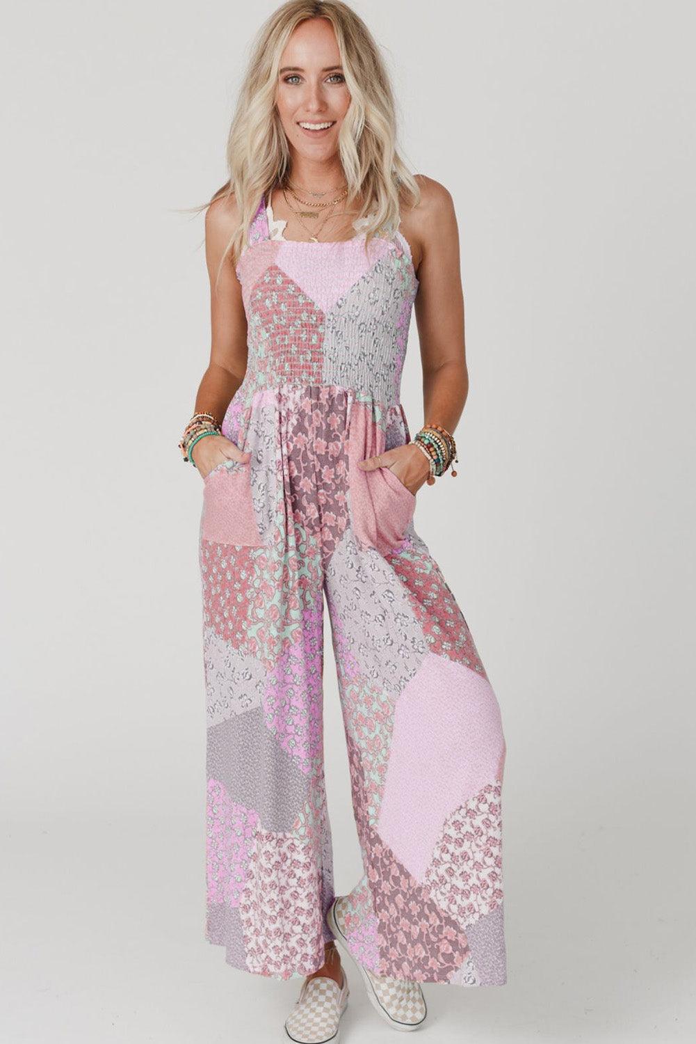 Multicolor Irregular Patchwork Print Smocked Wide Leg Jumpsuit - L & M Kee, LLC