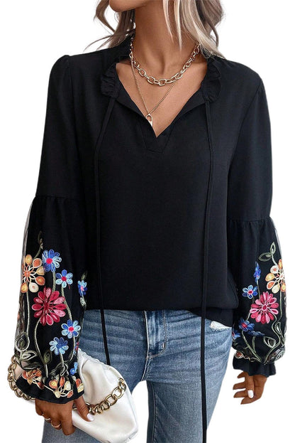 Black Floral Patched Flounce Sleeve Split Neck Blouse - L & M Kee, LLC