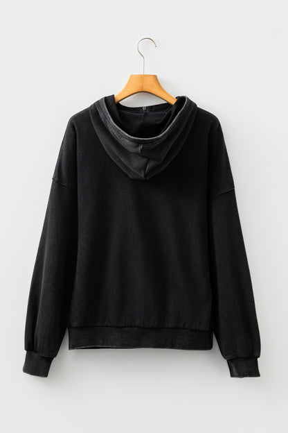 Black Half Zip Kangaroo Pocket Mineral Wash Baggy Hoodie