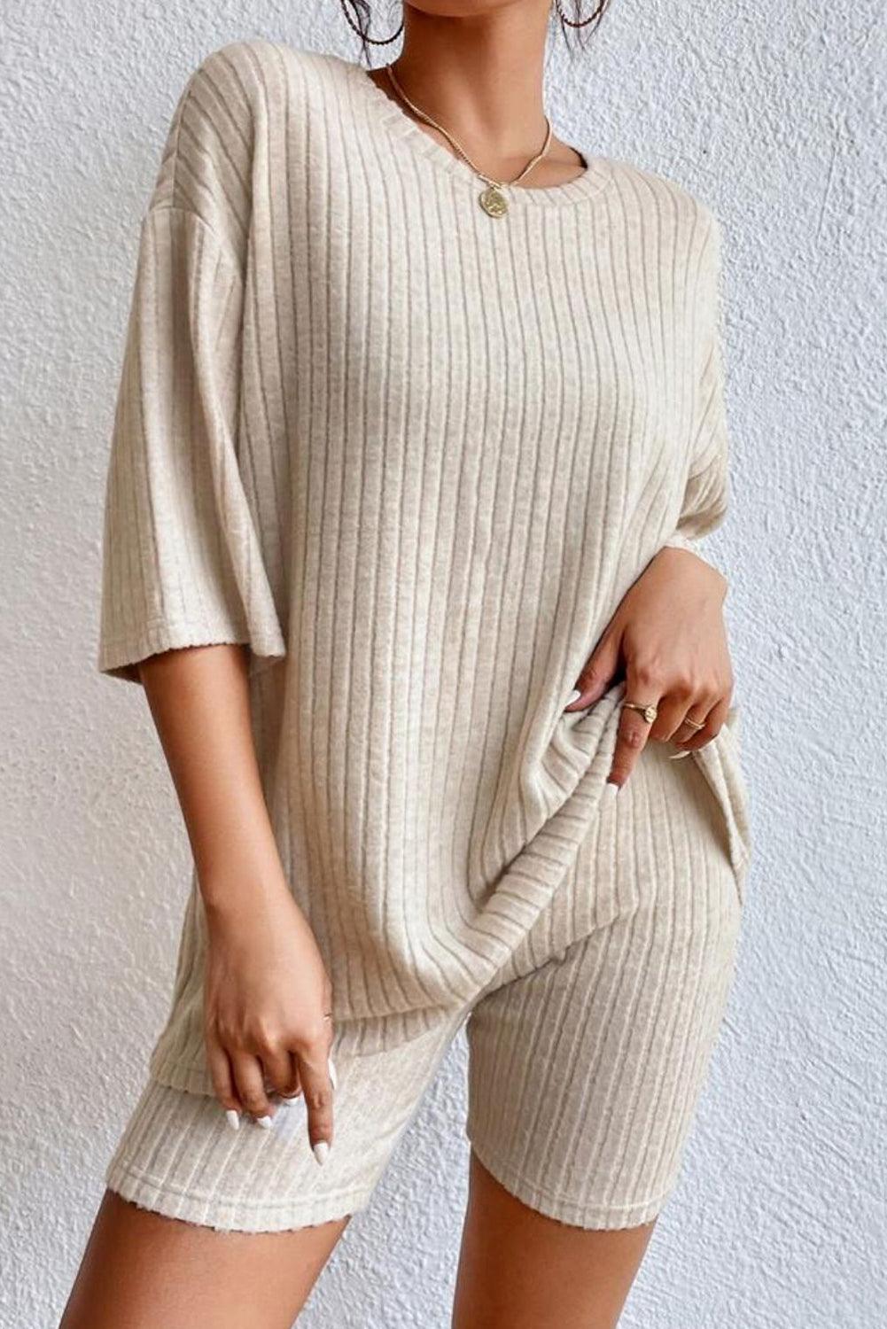 Khaki Ribbed Knit Bell Sleeve Crop Top Drawstring Pants Set - L & M Kee, LLC