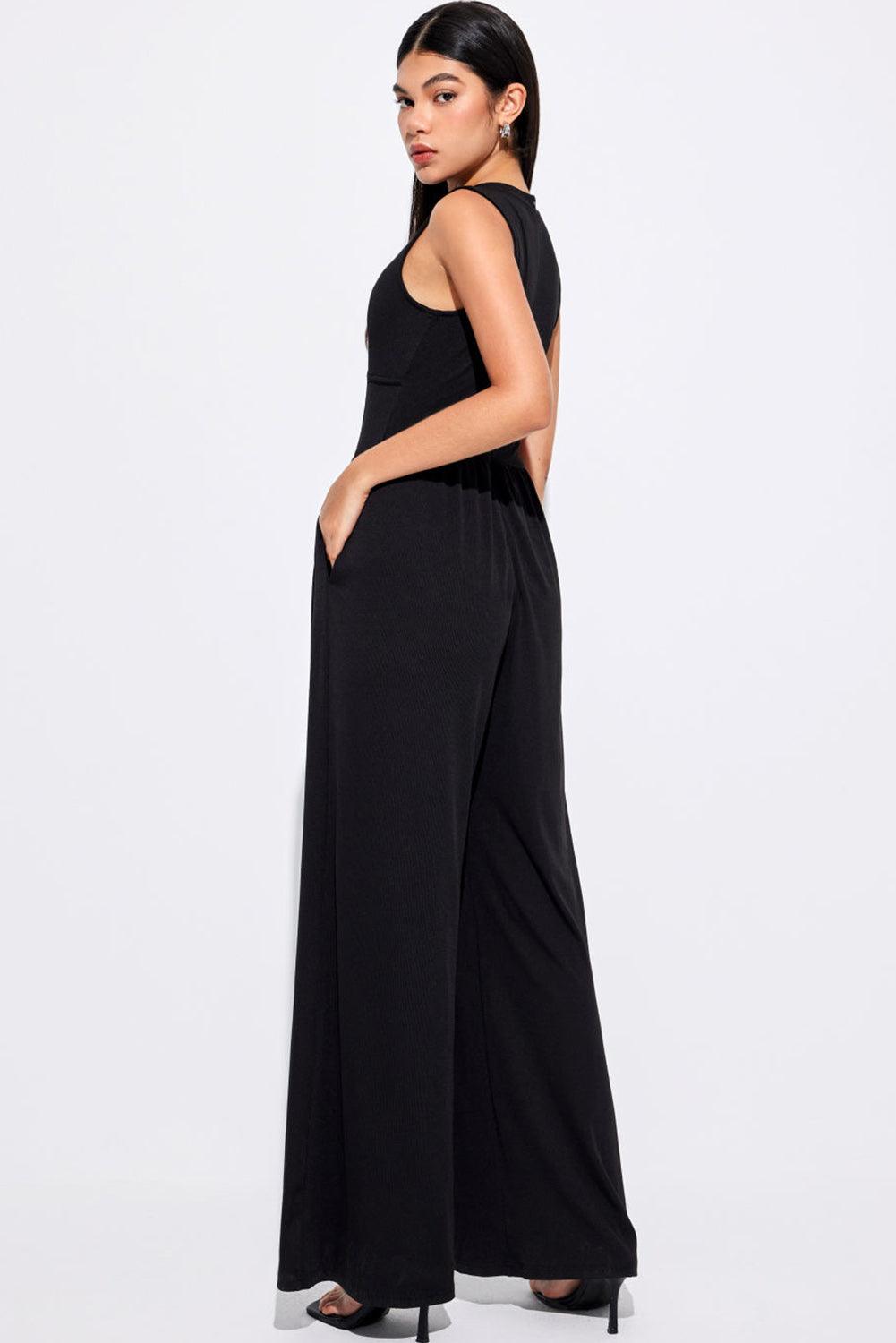 Black Plus Size Sleeveless Cinched Waist Wide Leg Jumpsuit - L & M Kee, LLC