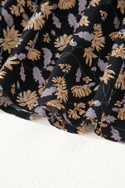 Black Floral Deep V Neck Smocked Bust Bubble Sleeve Babydoll Dress