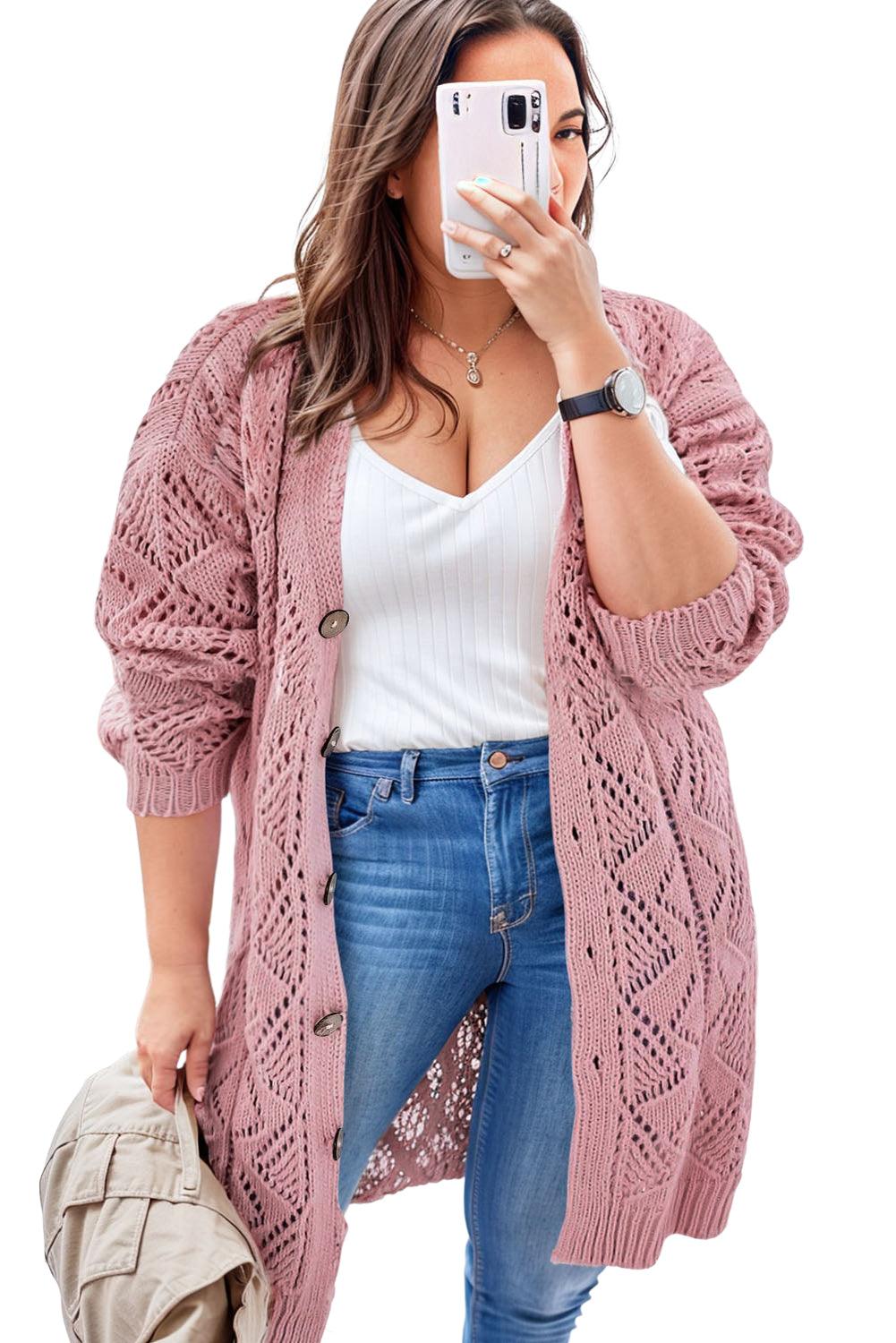 Pink Open Knit Button-Up Plus Size Cardigan - L & M Kee, LLC