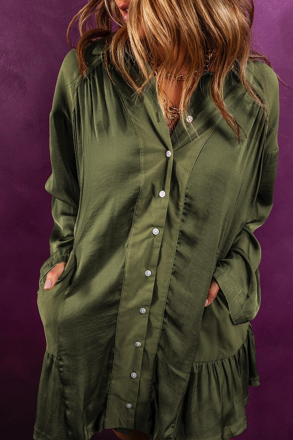 Pickle Green Loose Pocketed Ruffled Hem Draped Shirt Dress - L & M Kee, LLC