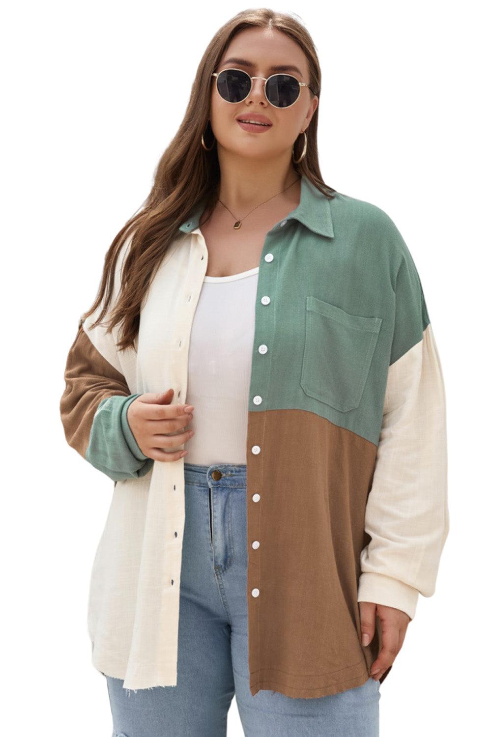 Green Colorblock Raw Edge Plus Size Shirt - L & M Kee, LLC