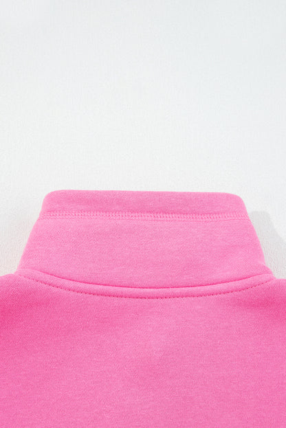 Bright Pink Half Button Stand Neck Drop Shoulder Sweatshirt