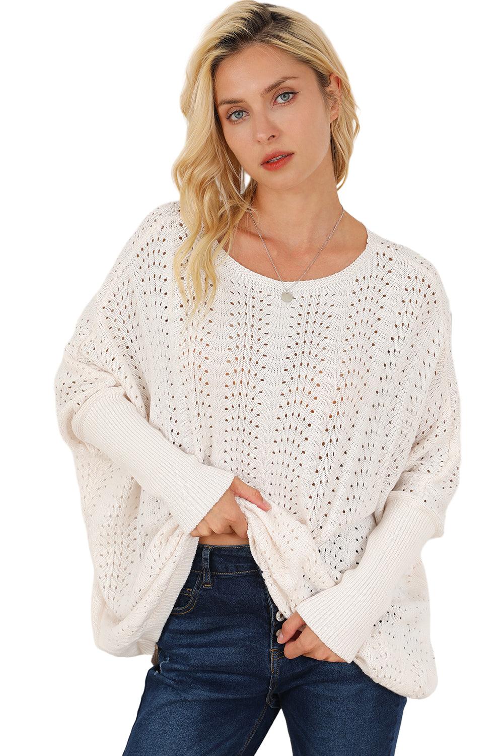 Beige Ribbed Hollow Knit Dolman Sleeve Sweater - L & M Kee, LLC