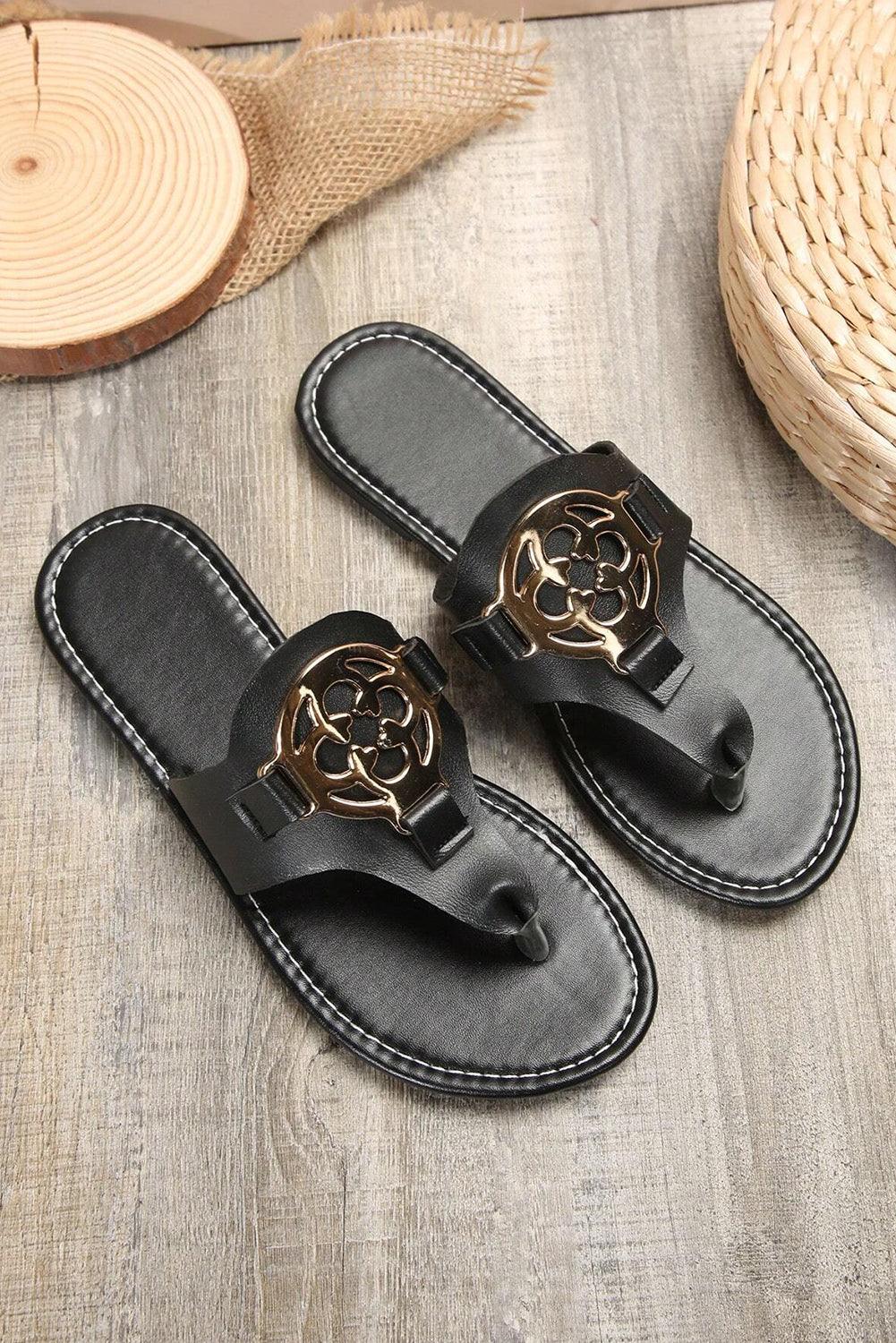 Black Metal Décor Leather Thong Slippers - L & M Kee, LLC