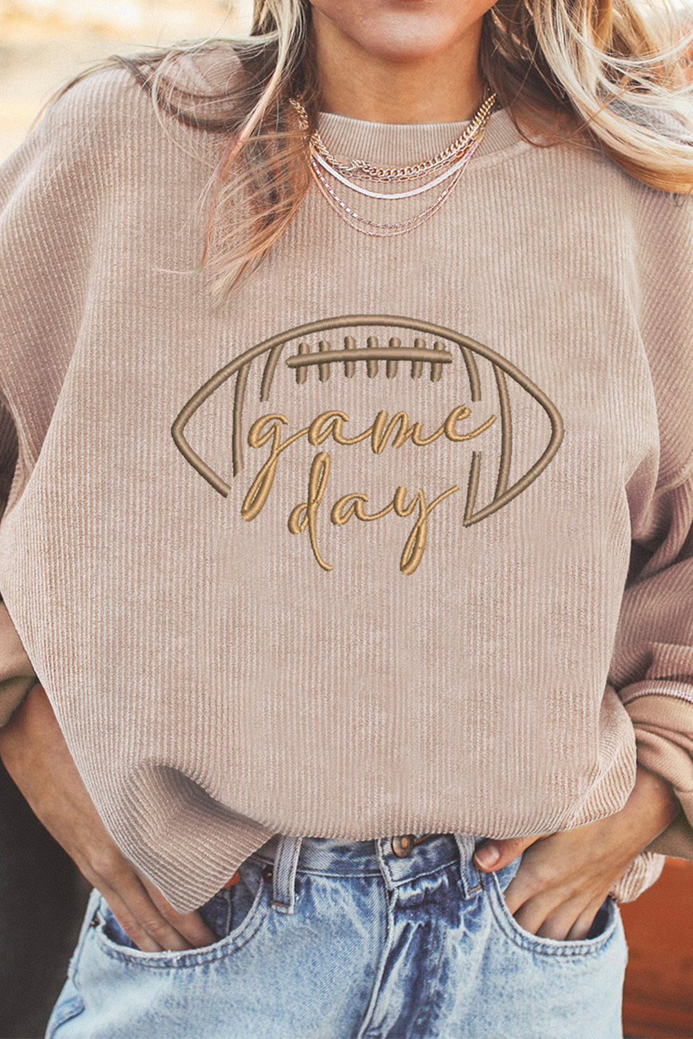 Orange Rugby Game Day Embroidered Corduroy Sweatshirt