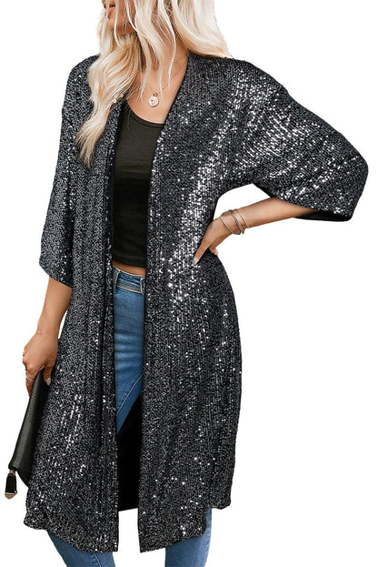 Silvery Sequin 3/4 Sleeve Kimono - L & M Kee, LLC