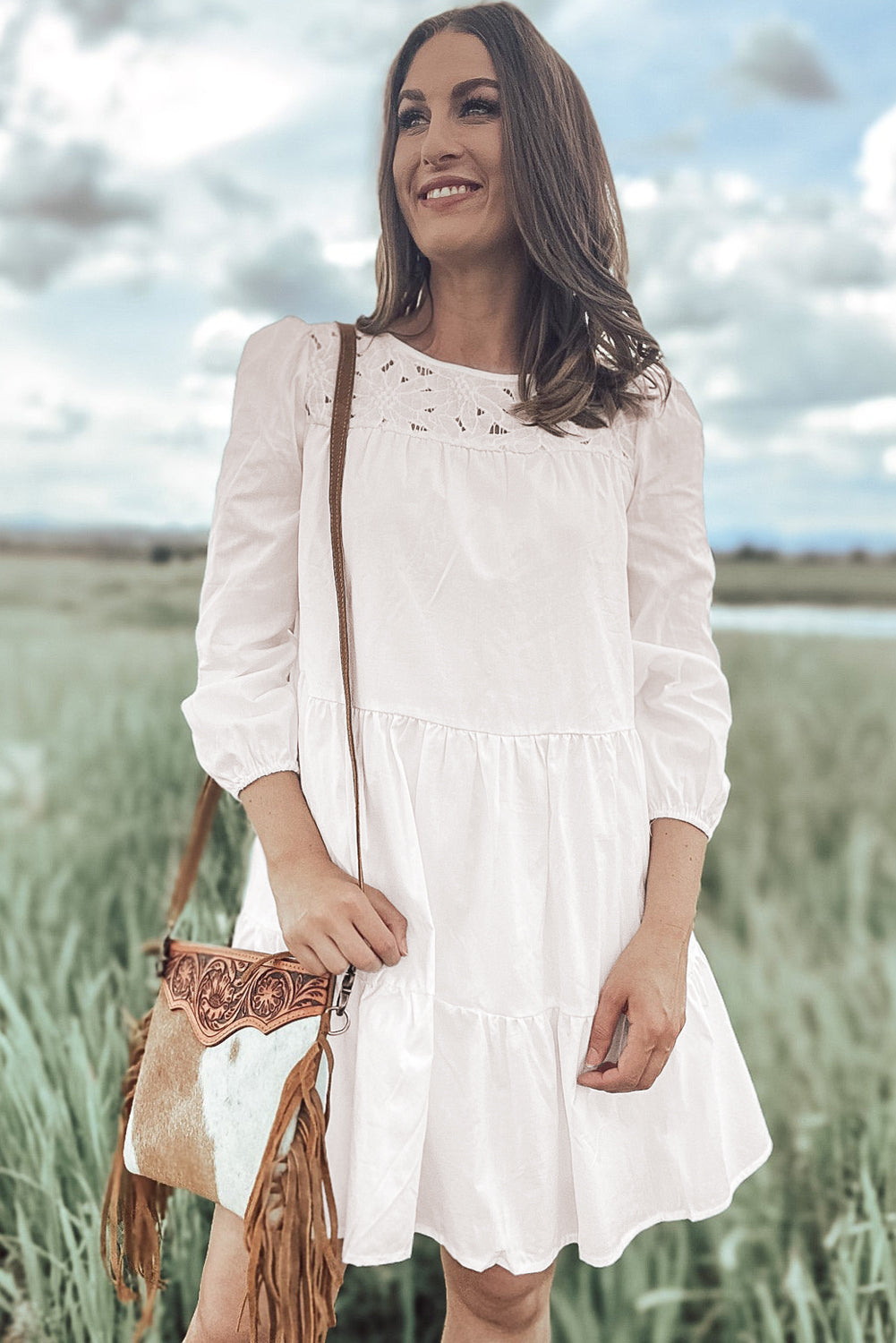 White Floral Lace Patchwork Bracelet Sleeve Tiered Mini Dress