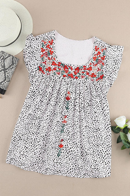 Floral Embroidery Square Neck Flutter Sleeve Blouse