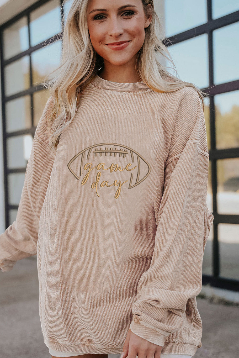 Orange Rugby Game Day Embroidered Corduroy Sweatshirt