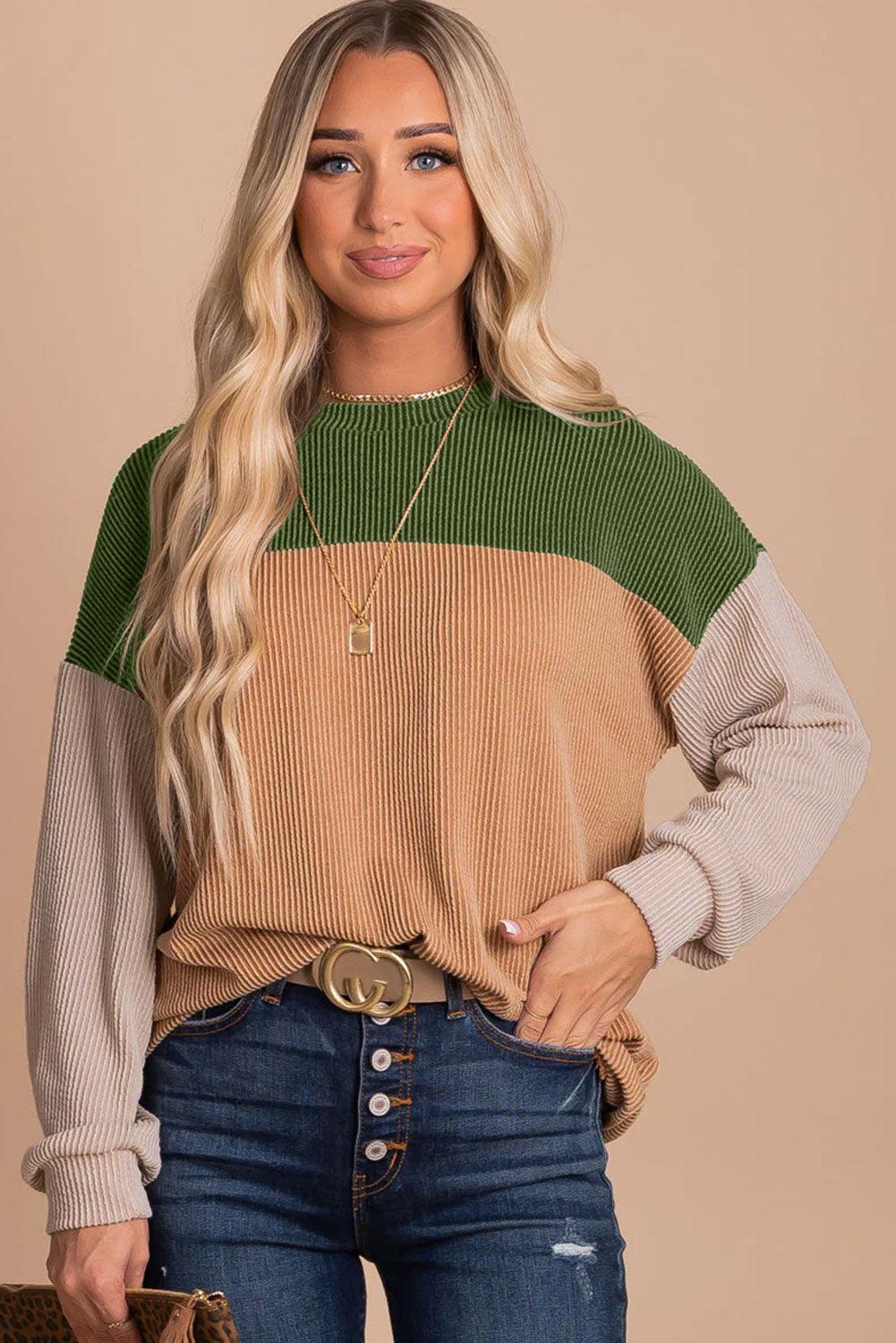 Green Color Block Long Sleeve Ribbed Loose Top - L & M Kee, LLC