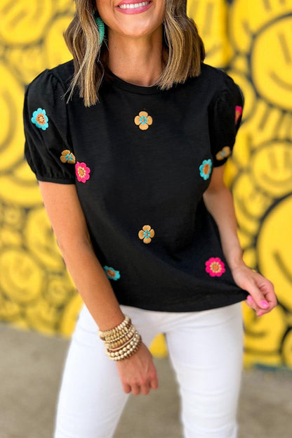 Black Embroidered Flower Short Puff Sleeve Tee - L & M Kee, LLC