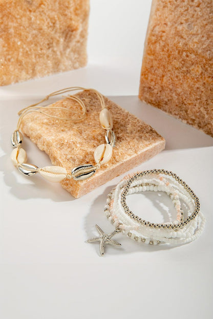 White 7pcs Starfish Seashell Beaded Bracelet Set - L & M Kee, LLC