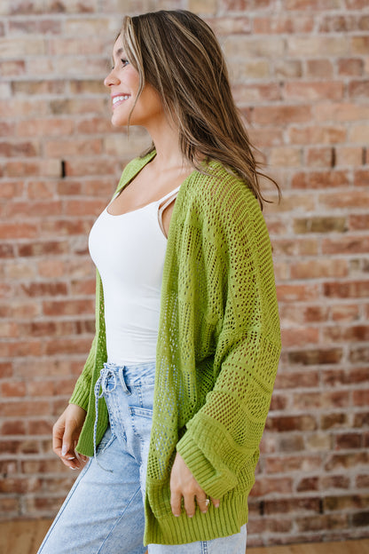 Spinach Green Oversize Crochet Knit Open Cardigan