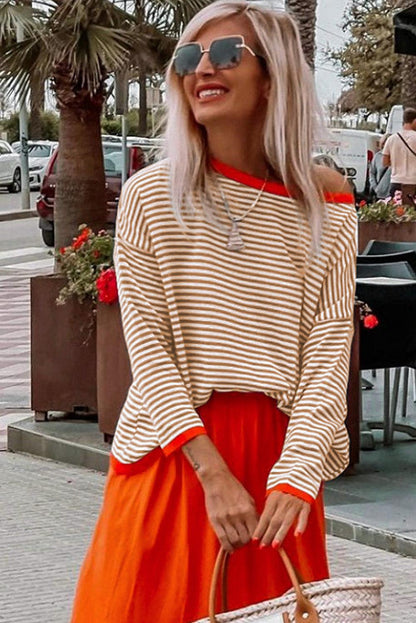 Brown Contrast Trimmed Striped Drop Shoulder Sweater - L & M Kee, LLC