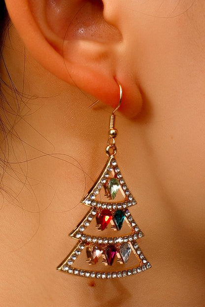 Gold Gem Decor Rhinestone Christmas Tree Holiday Hook Earrings