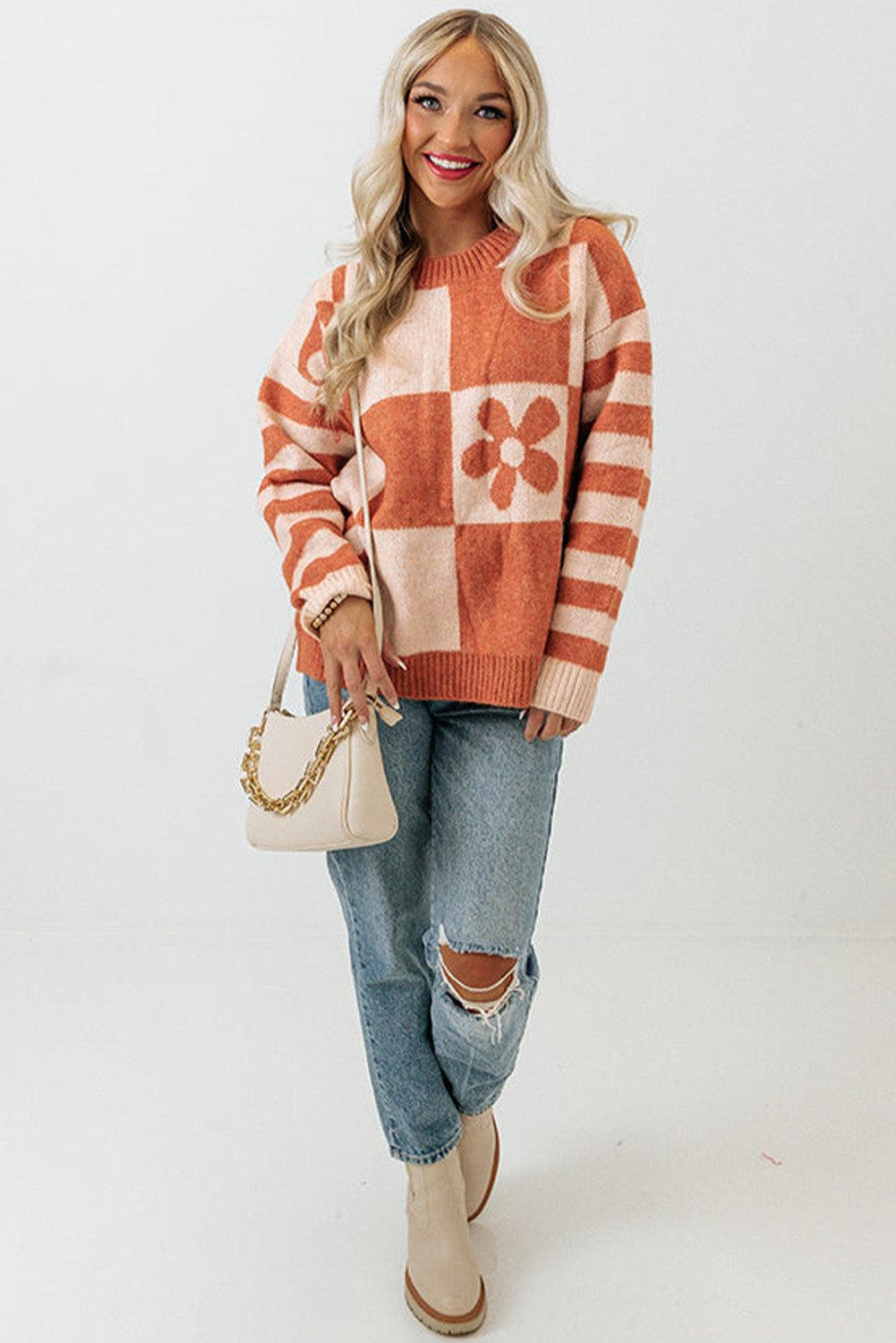 Brown Checkered Floral Print Striped Sleeve Sweater - L & M Kee, LLC