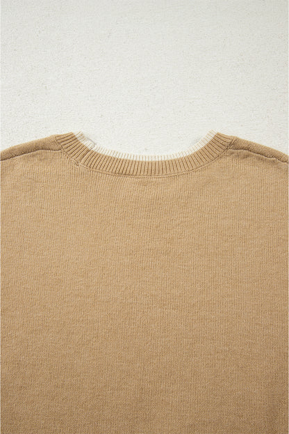 Tan Leopard Bow Decor Split Cuff Contrast Trim Sweater