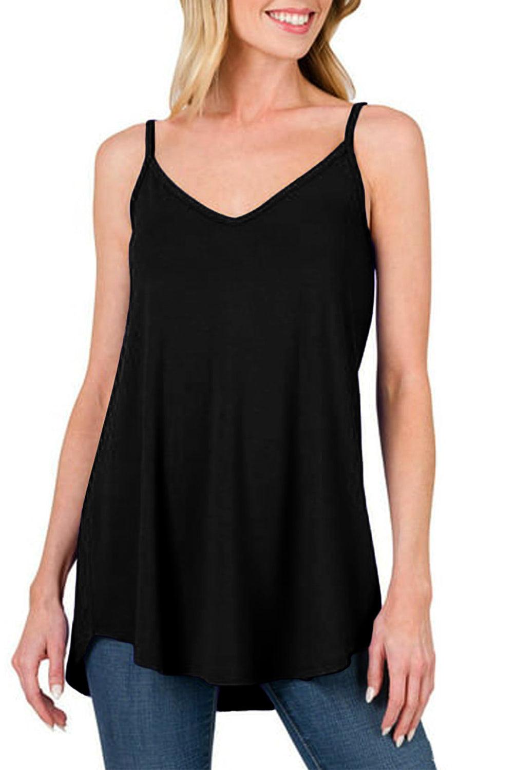 Black Spaghetti Strap V-Neck Flowy Tunic Tank Top - L & M Kee, LLC