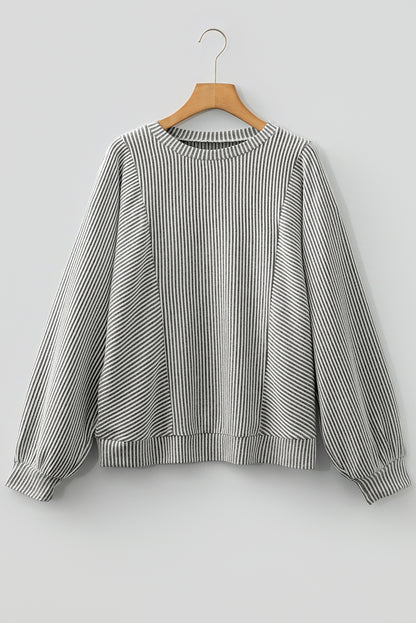 Gray Ribbed Knit Round Neck Long Lantern Sleeve Top