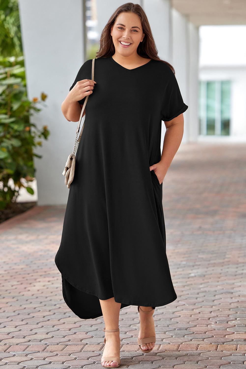 Plus Size V Neck Rolled Cuffs Maxi Dress - L & M Kee, LLC