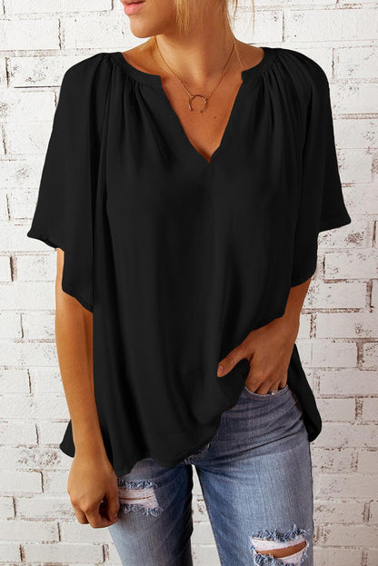 Black Split Neck Pleated Loose Top - L & M Kee, LLC