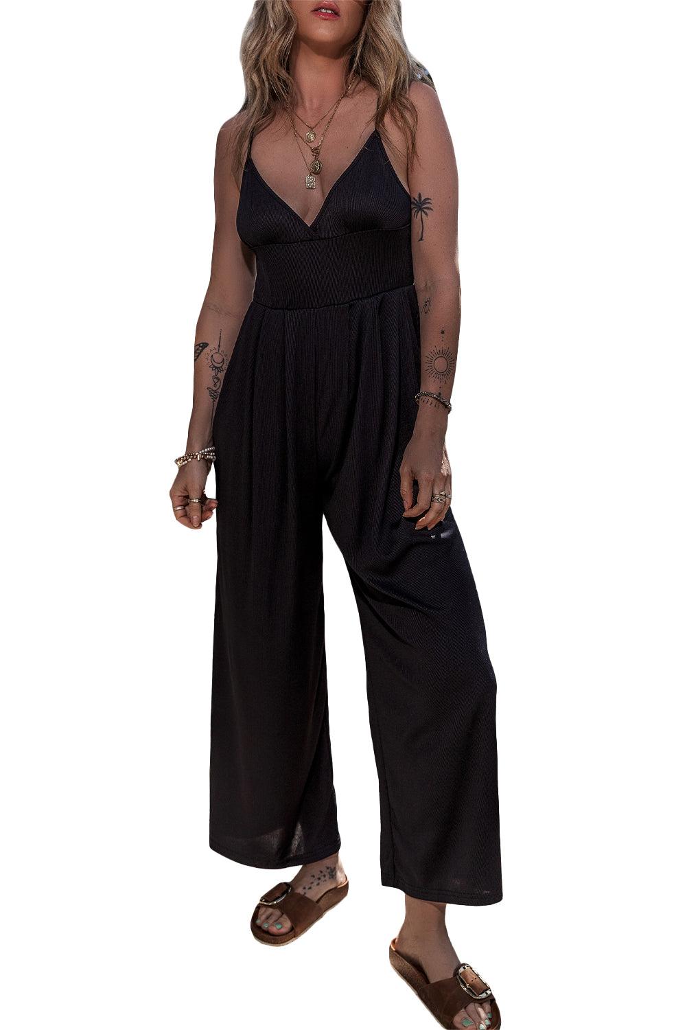 Black Wide Leg High Waist Sexy V Neck Cami Jumpsuit - L & M Kee, LLC