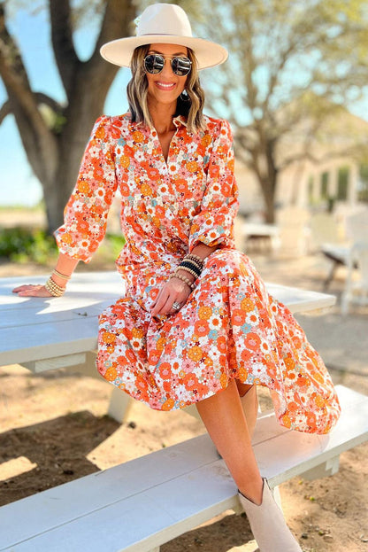 Multicolor Boho Floral Collared Long Sleeve Ruffled Dress - L & M Kee, LLC