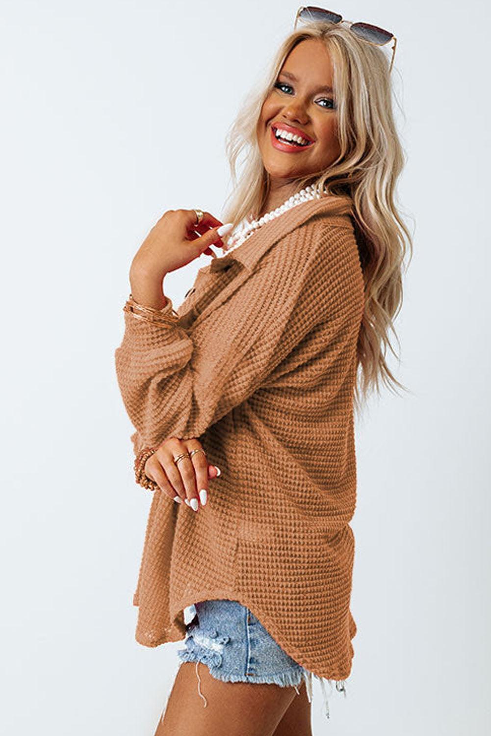 Brown Waffle Knit Button Up Casual Shirt - L & M Kee, LLC