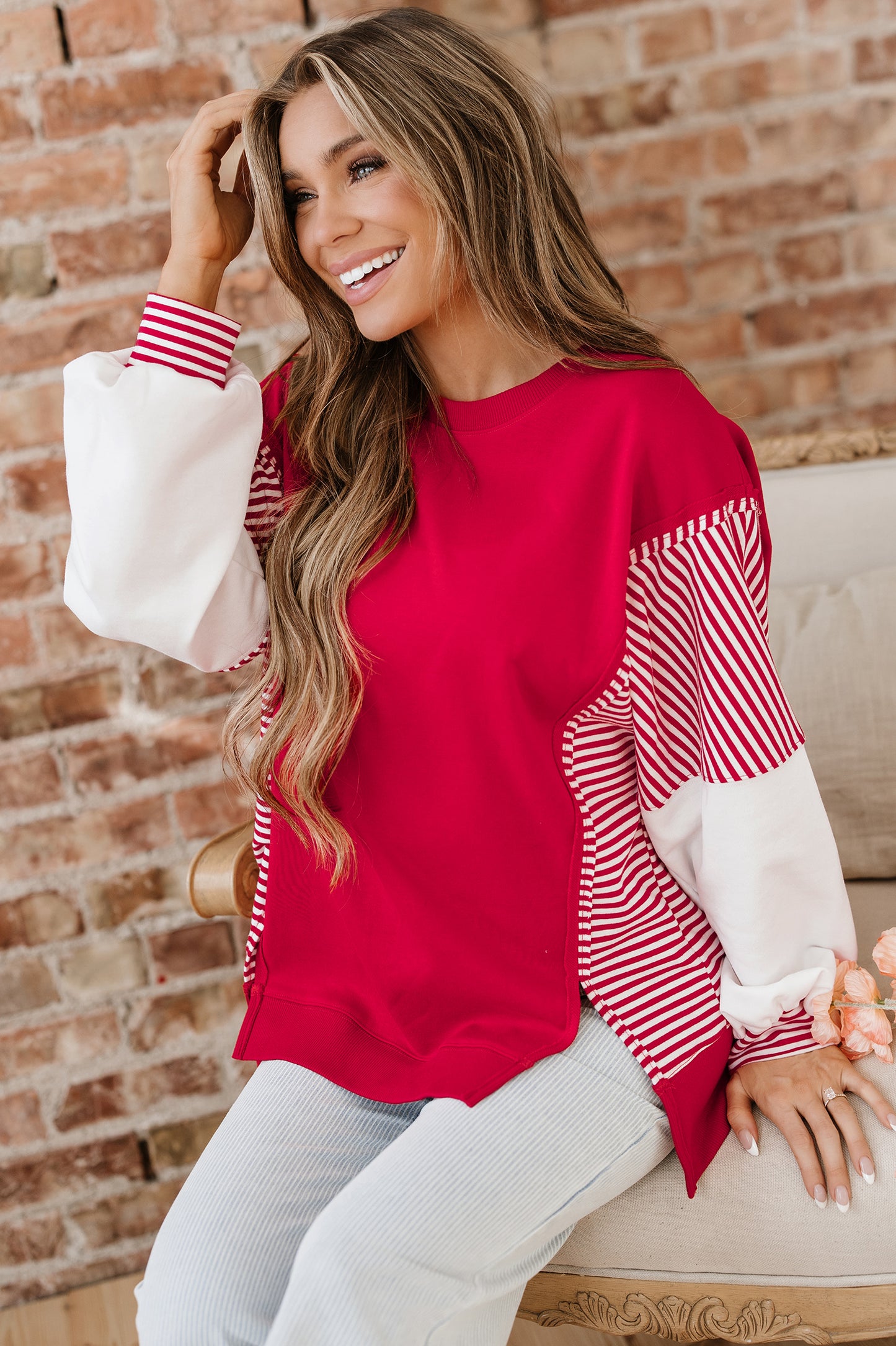 Fiery Red Striped Patchwork Sleeve Colorblock Sweatshirt
