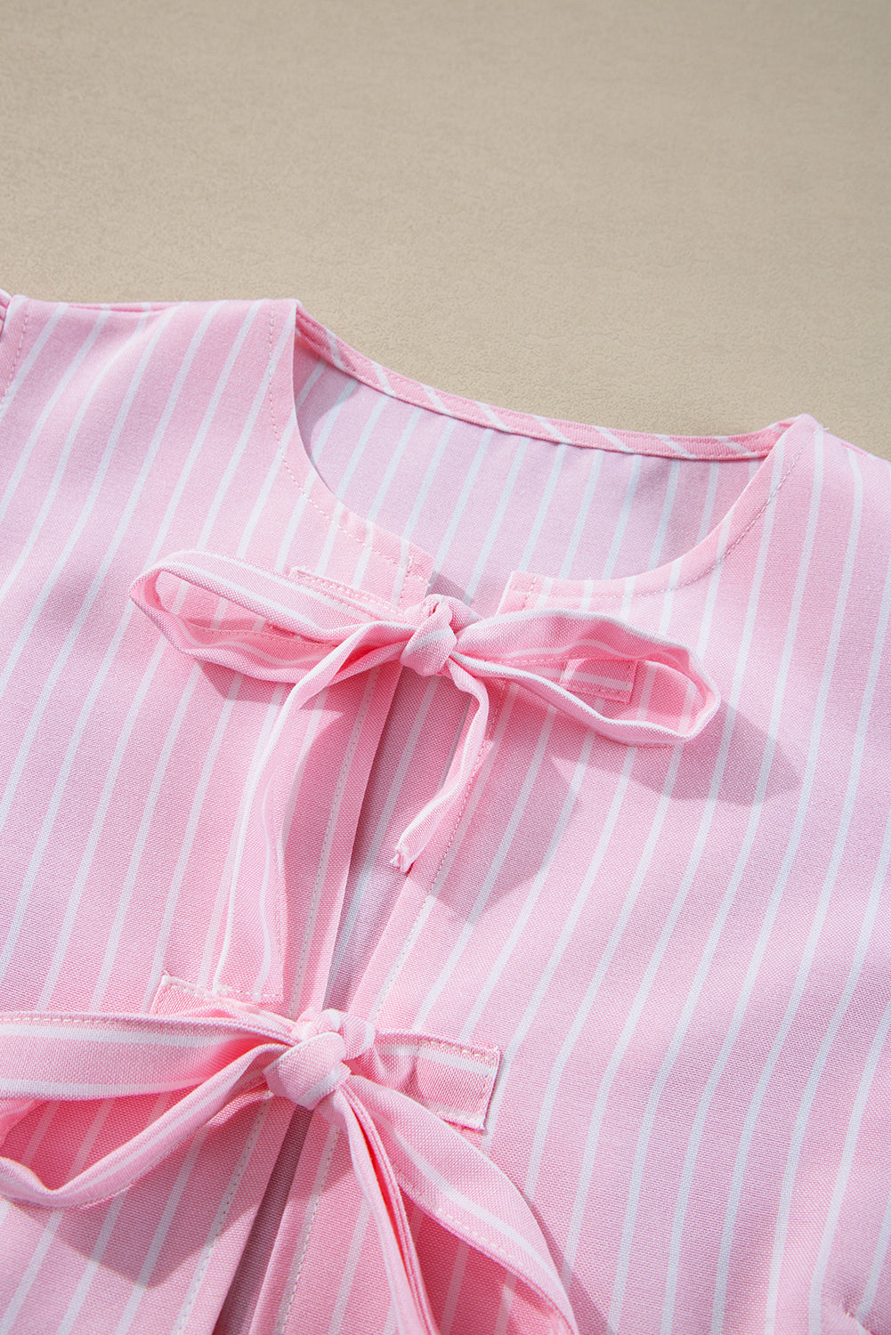 Pink Stripe Bowknot Front Crew Neck Puff Sleeve Blouse