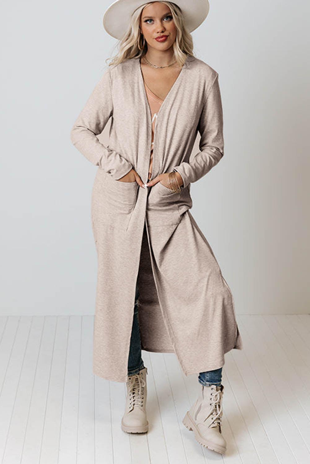 Open Front Pocketed Duster Cardigan with Slits - L & M Kee, LLC