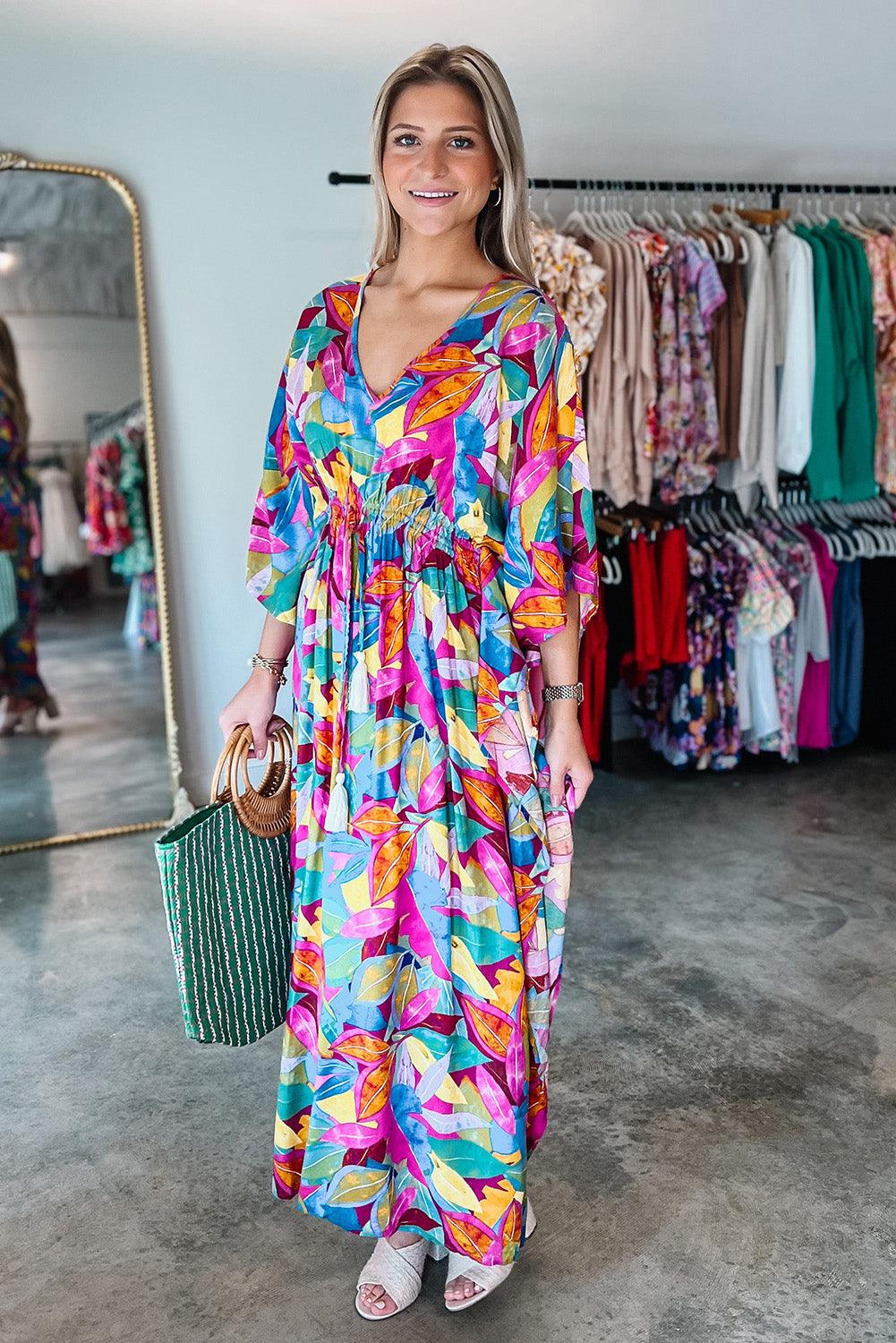 Multicolour Abstract Print High Waist V Neck Maxi Dress - L & M Kee, LLC