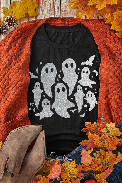 Black Halloween Glitter Ghost Pattern Crew Neck T Shirt