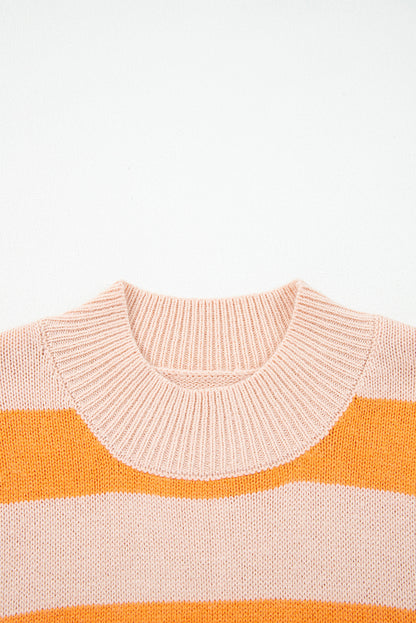 Orange Stripe Color Block High Neck Drop Shoulder Cozy Sweater