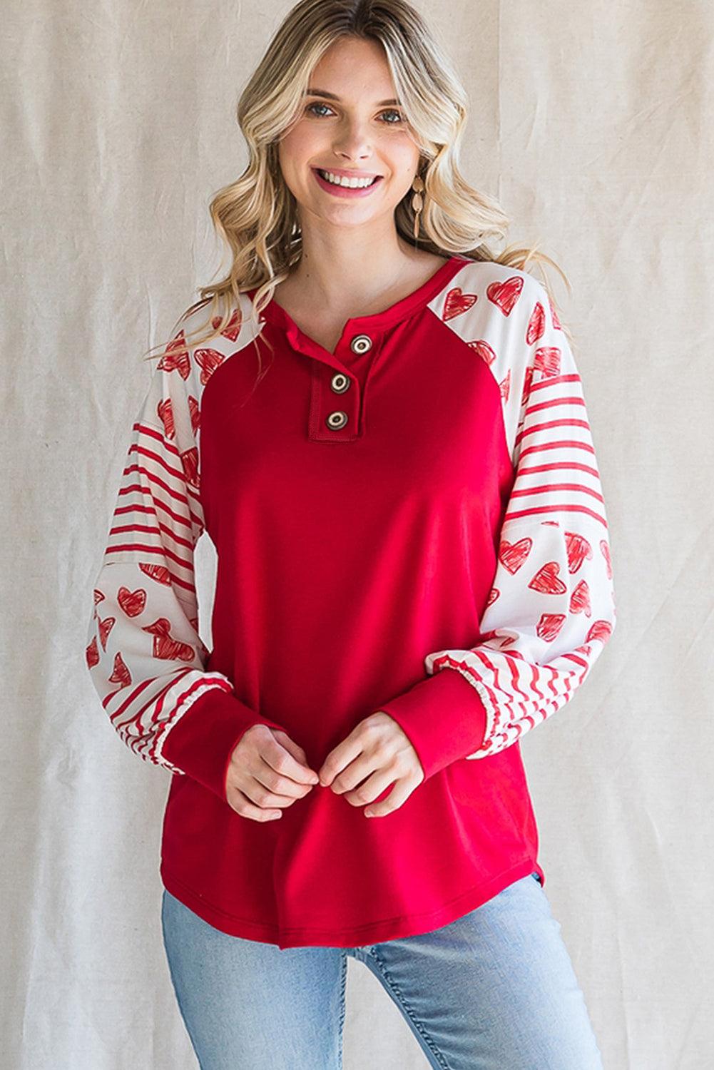 Fiery Red Heart Striped Raglan Sleeve Henley Top - L & M Kee, LLC